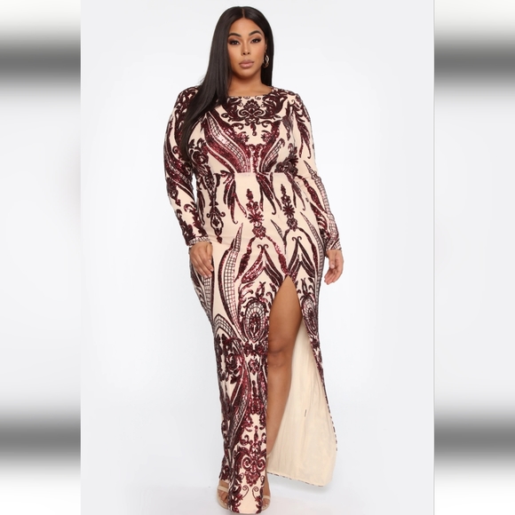 Fashion Nova Burgandy Sequin Maxi Formal Gown Sz 2X - Picture 2 of 9